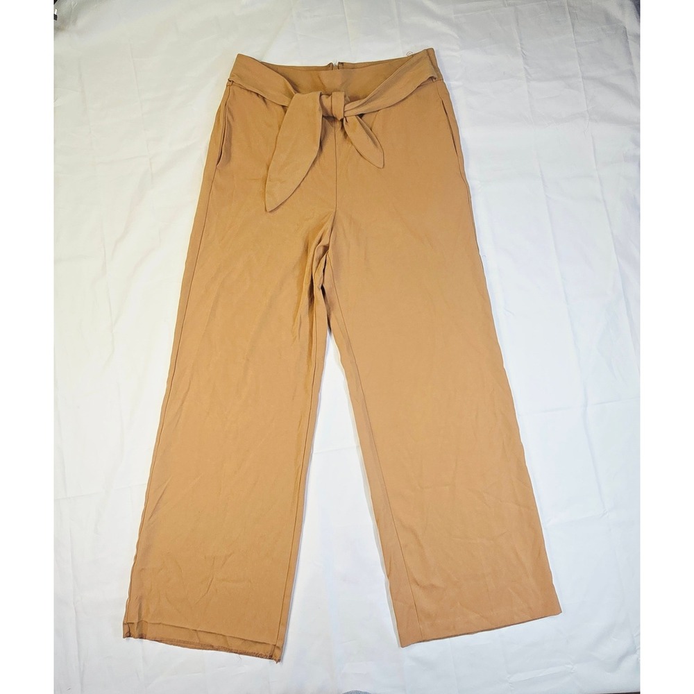Eva Mendes New York & Company Wide Leg Pants Womens Large Tan Tie Waist Trousers